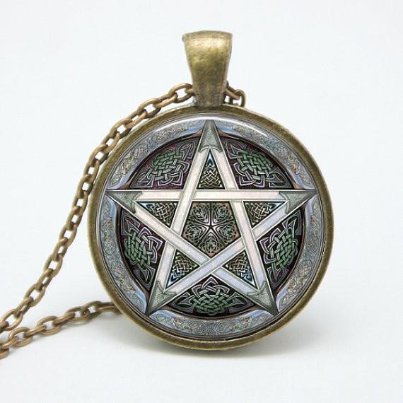 Pentacle Wiccan Pendant Talisman - Unique Glass &amp; Bronze Necklace - Floral Fawna