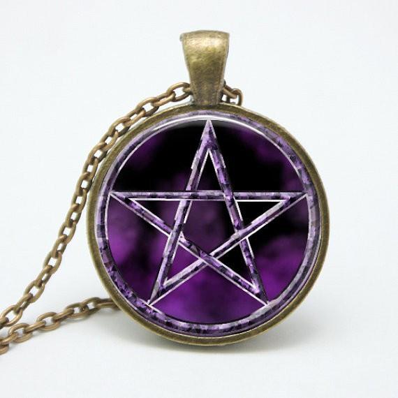 Pentacle Wiccan Pendant Talisman - Unique Glass & Bronze Necklace - Floral Fawna