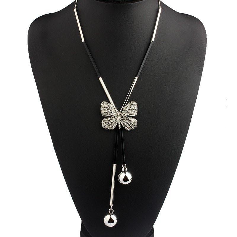 Rhinestone Butterfly Long Beaded Chain Necklace - Floral Fawna