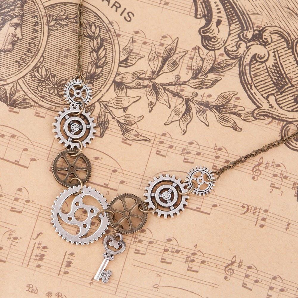 Steampunk Gears &amp; Key Statement Necklace - Floral Fawna