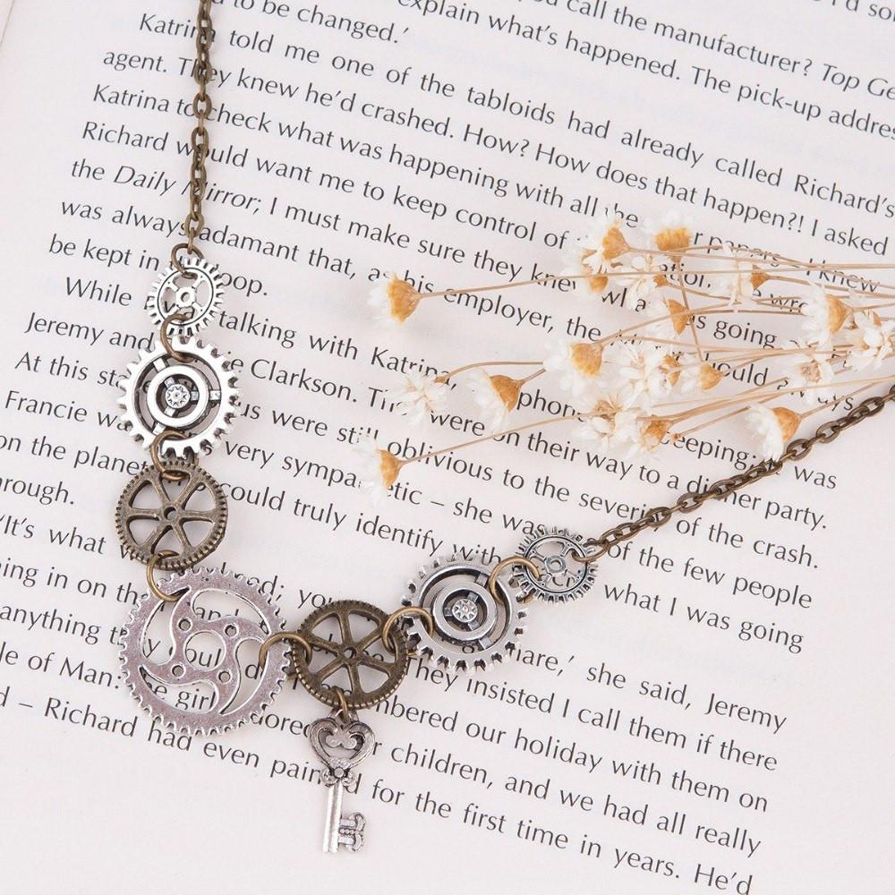 Steampunk Gears & Key Statement Necklace - Floral Fawna