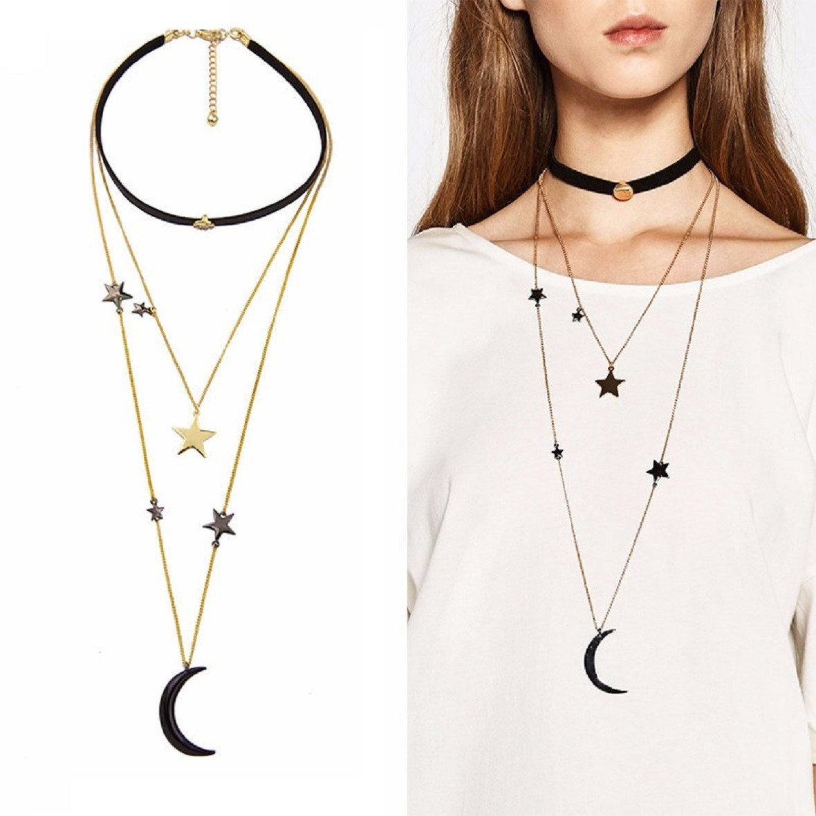 Three Layers Stars &amp; Moon Necklace - Floral Fawna