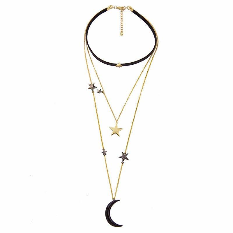 Three Layers Stars &amp; Moon Necklace - Floral Fawna