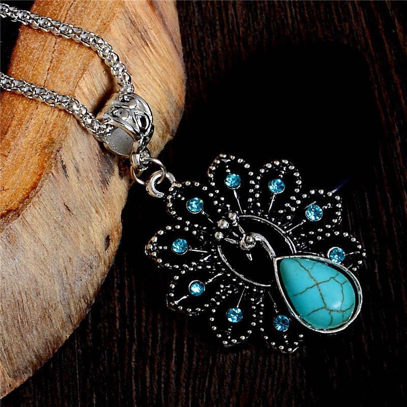 Turquoise Peacock Crystal Necklace - Floral Fawna