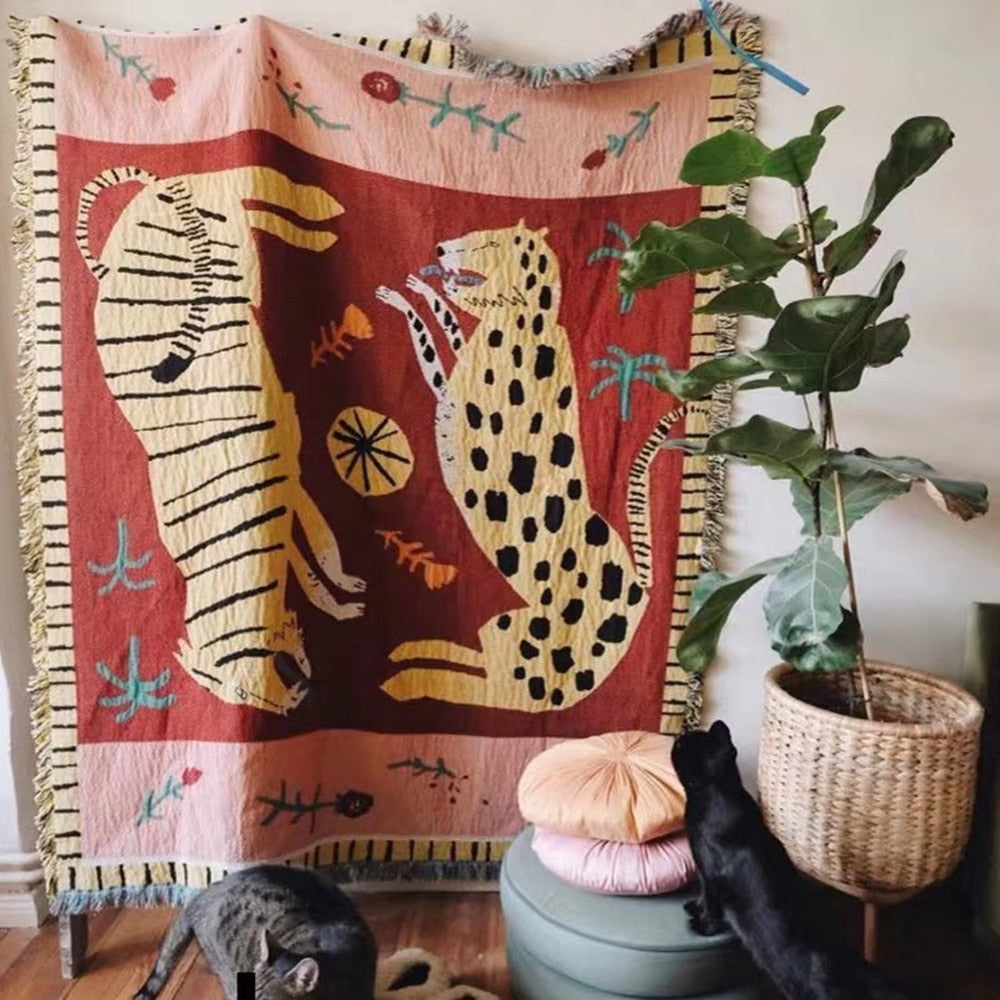 Leopard Tiger Tapestry Throw Fl