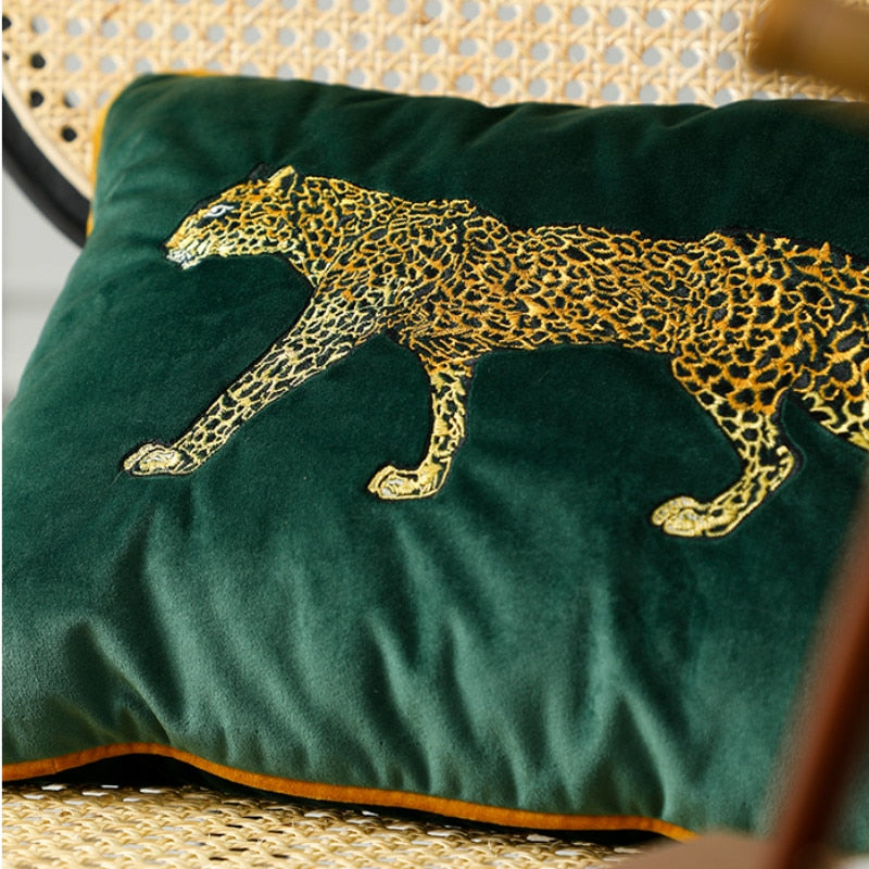 Golden Leopard Embroidered Pillow Cover - Floral Fawna