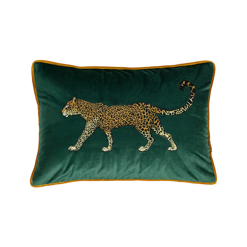 Golden Leopard Embroidered Pillow Cover - Floral Fawna