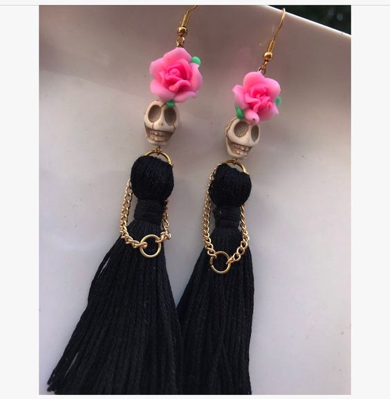 Black Tassel Goth Skull Earrings - Floral Fawna