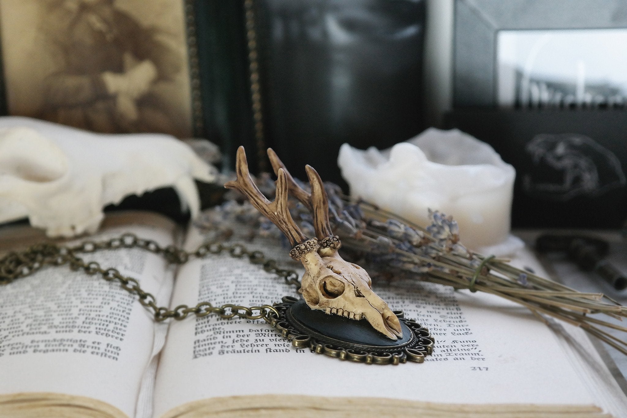 Deer Skull Cameo Necklace - Floral Fawna