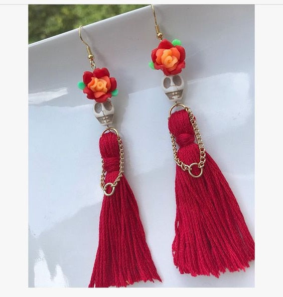 Red Tassle Goth Skull Earrings - Floral Fawna