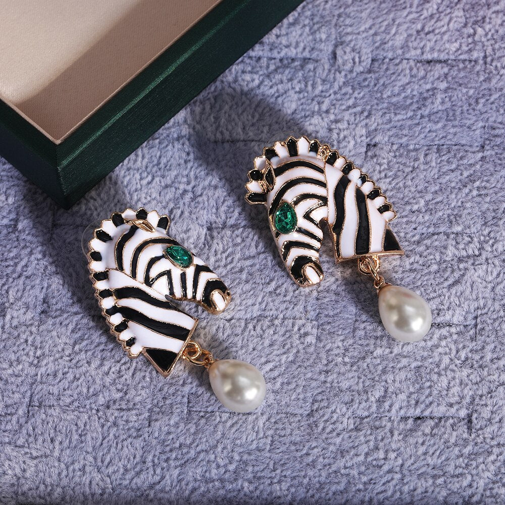 Statement Zebra Pearl Drop Earrings - Floral Fawna