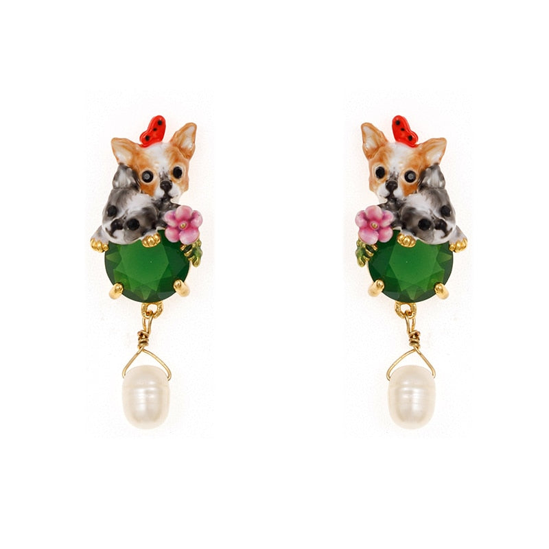 Chihuahua Pearl Drop Earrings - Floral Fawna