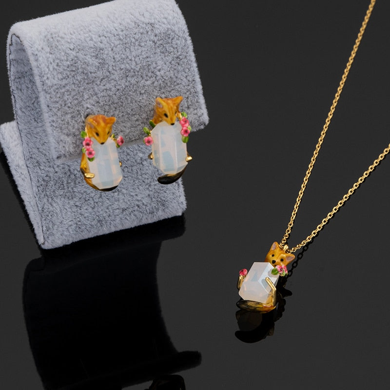 Floral Fox Earrings & Necklace Set - Floral Fawna