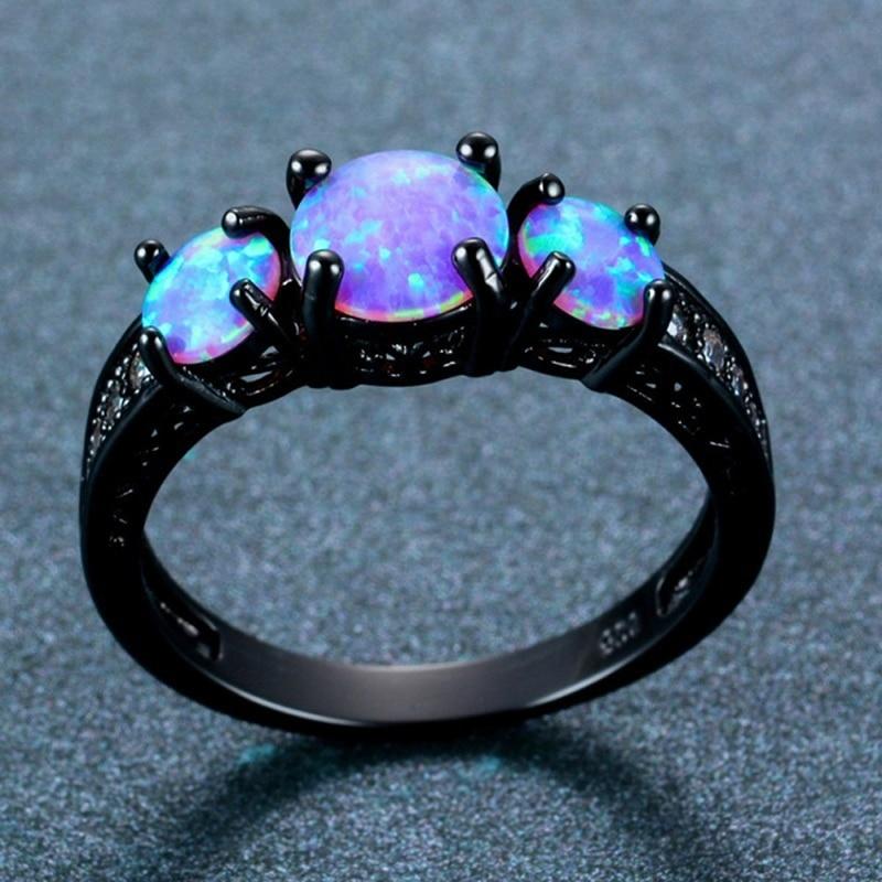 Blue Fire Opal Black Gold Ring - Floral Fawna