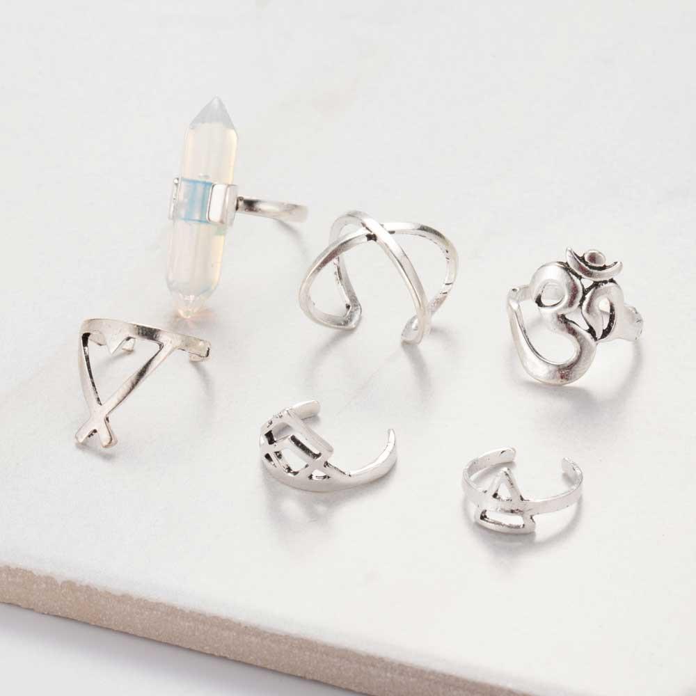 6 Pieces Boho Crystal Ring Set - Floral Fawna