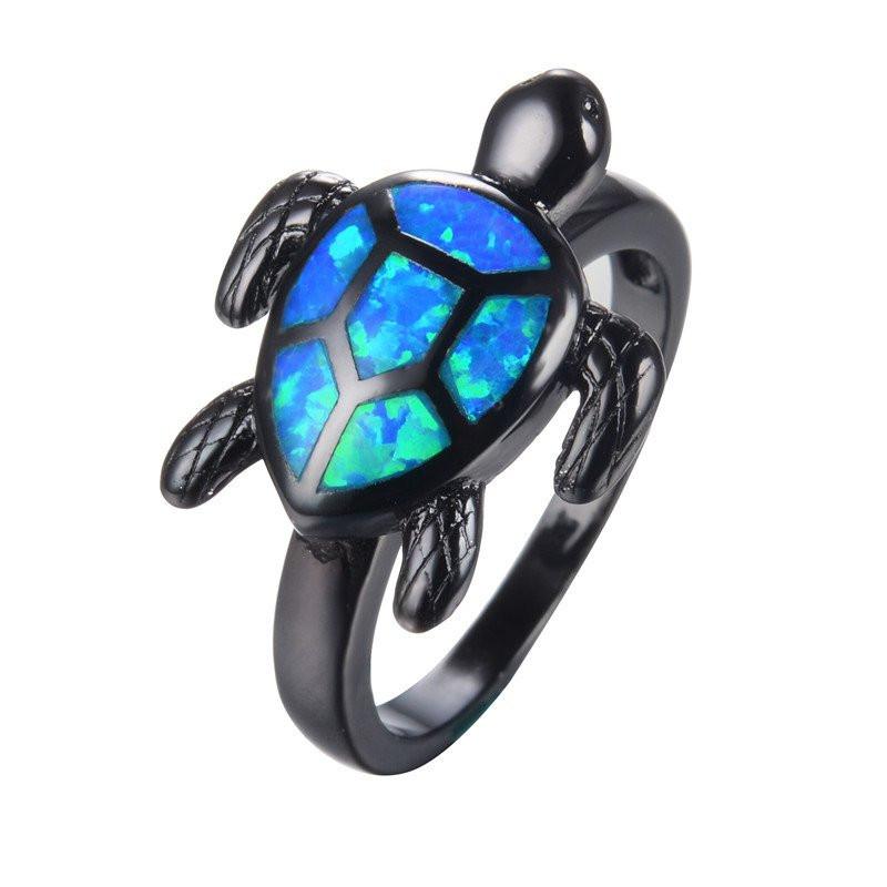 Blue Fire Opal Turtle Black Gold Ring - Floral Fawna