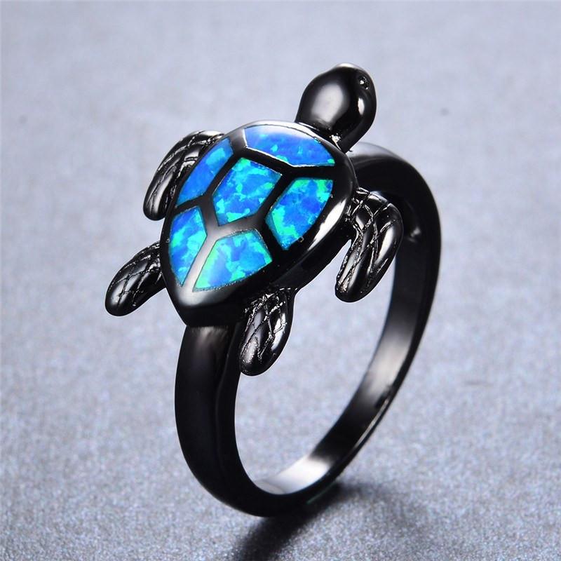 Blue Fire Opal Turtle Black Gold Ring - Floral Fawna