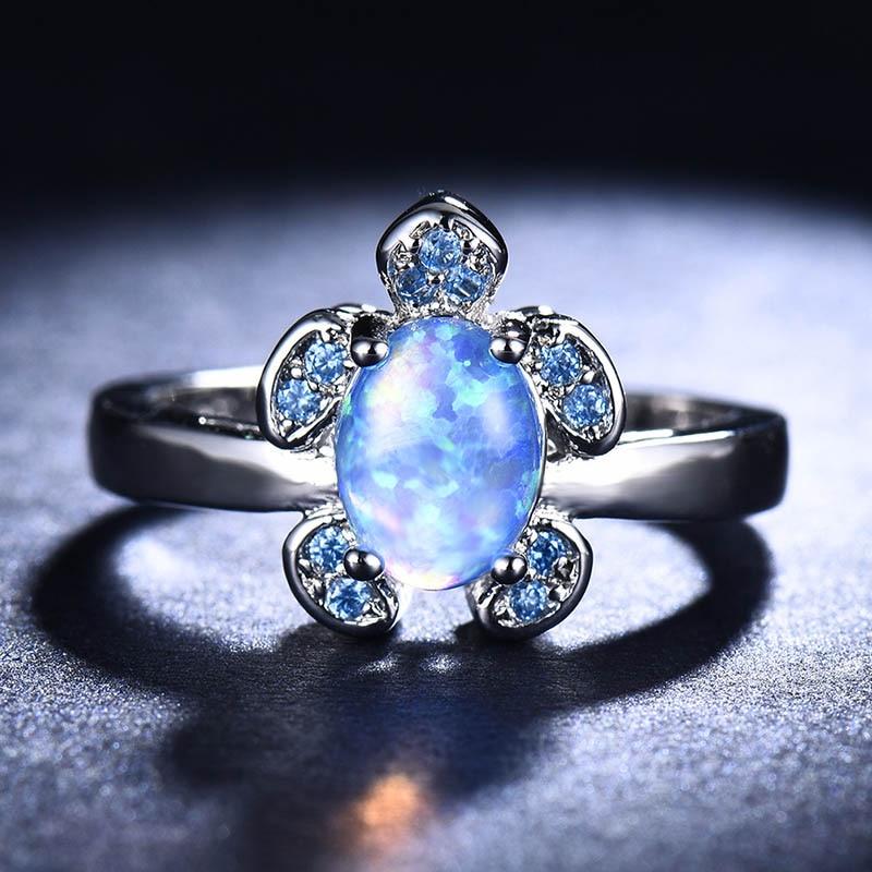 Blue Opal Sea Turtle Silver Ring - Floral Fawna