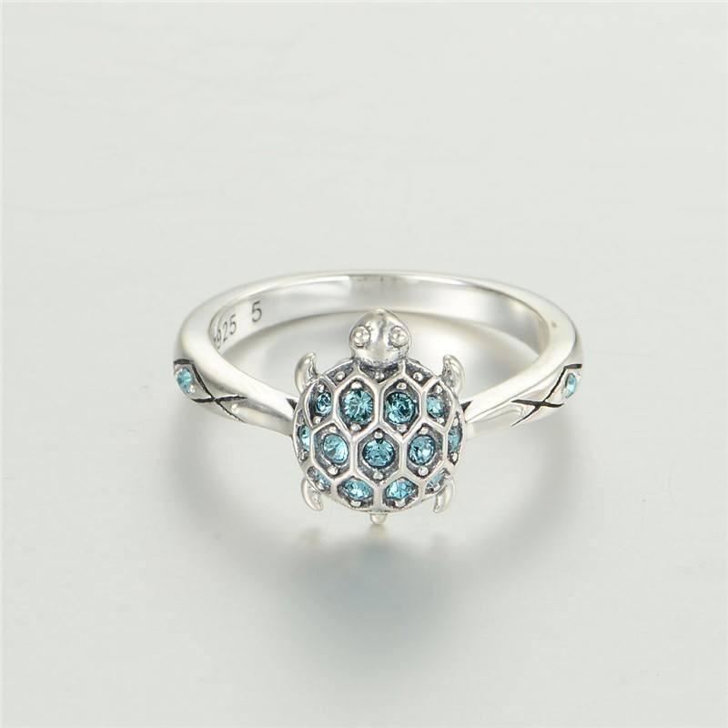 Blue Turtle Silver Ring - Floral Fawna