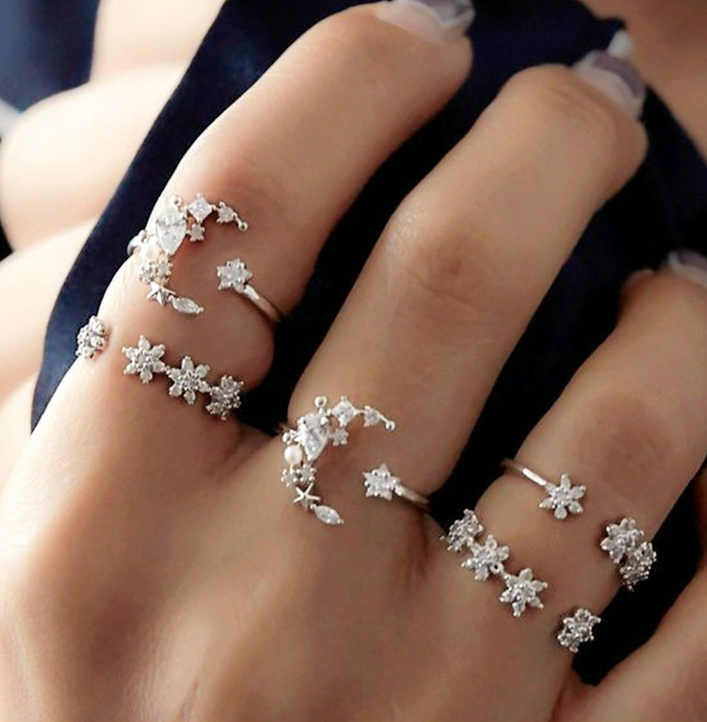 Celestial Crescent Moon &amp; Stars Ring Set - Floral Fawna