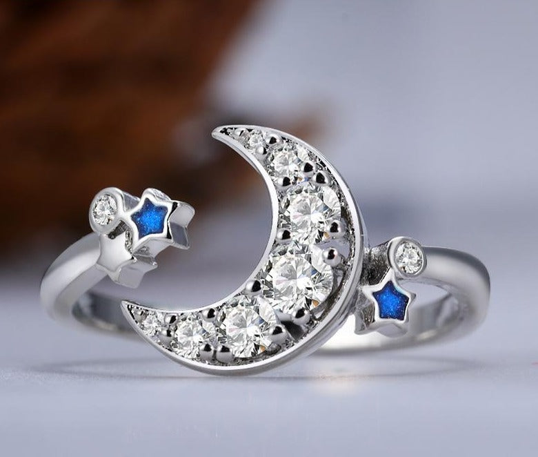 Celestial Moon &amp; Stars Sterling Silver Ring - Floral Fawna