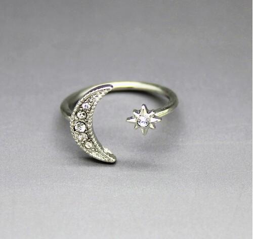 Crescent Moon &amp; Star Crystal Ring - Floral Fawna