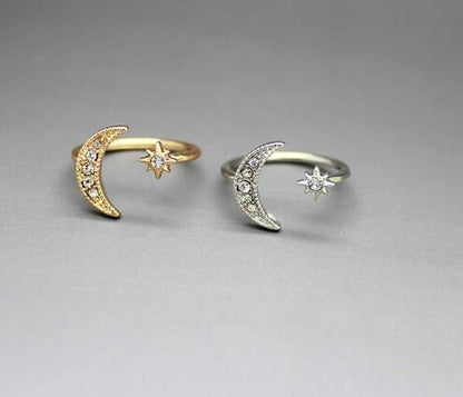 Crescent Moon &amp; Star Crystal Ring - Floral Fawna