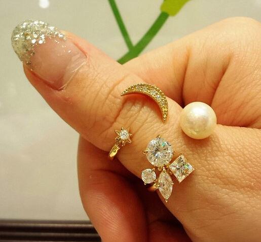 Crescent Moon &amp; Star Crystal Ring - Floral Fawna