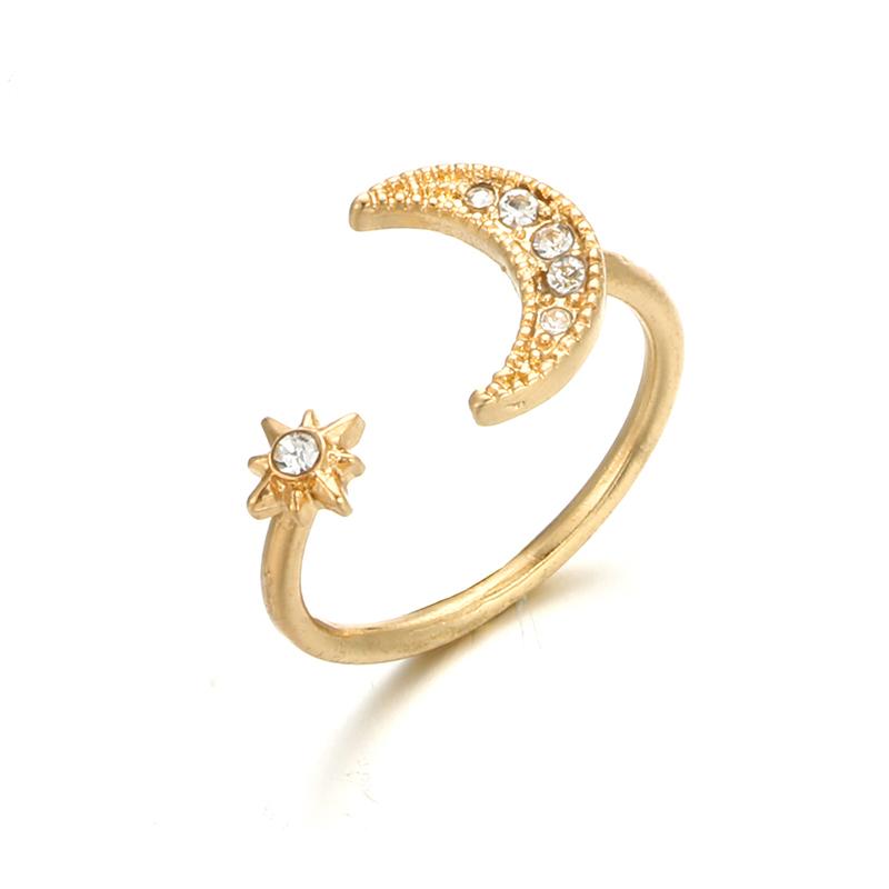 Crescent Moon &amp; Star Crystal Ring - Floral Fawna