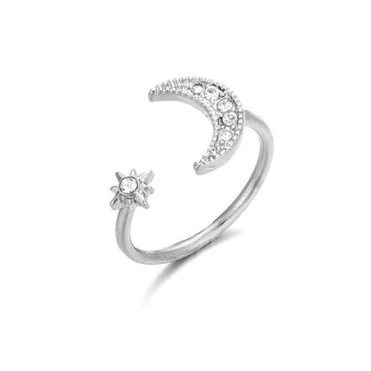 Crescent Moon &amp; Star Crystal Ring - Floral Fawna