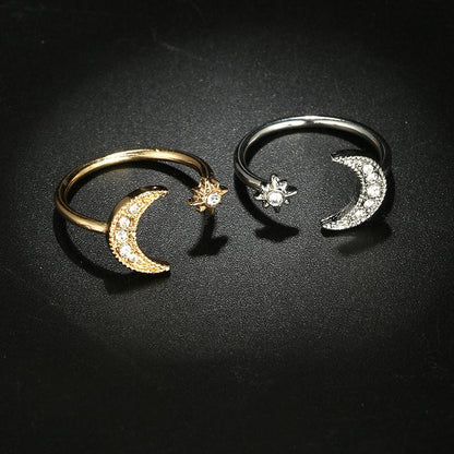 Crescent Moon &amp; Star Crystal Ring - Floral Fawna