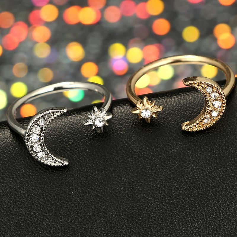 Crescent Moon &amp; Star Crystal Ring - Floral Fawna