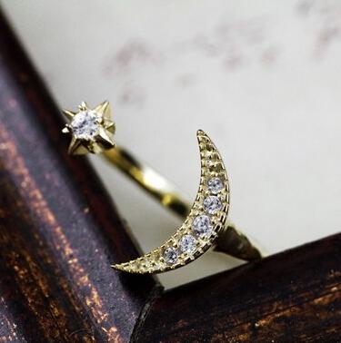 Crescent Moon &amp; Star Crystal Ring - Floral Fawna