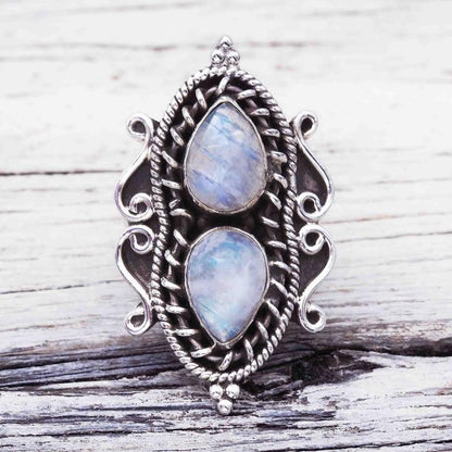 Double Water Drop Moonstone Ring - Floral Fawna