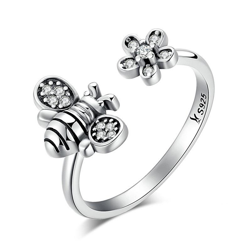 Flower &amp; Bee Sterling Silver Open Ring - Floral Fawna
