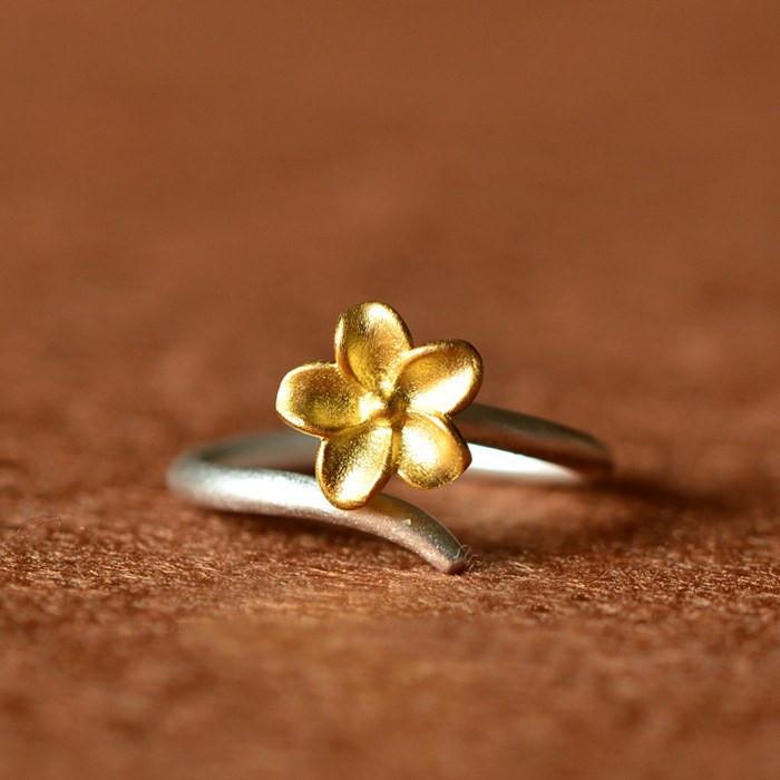 Golden Cherry Blossom Silver Ring - Floral Fawna