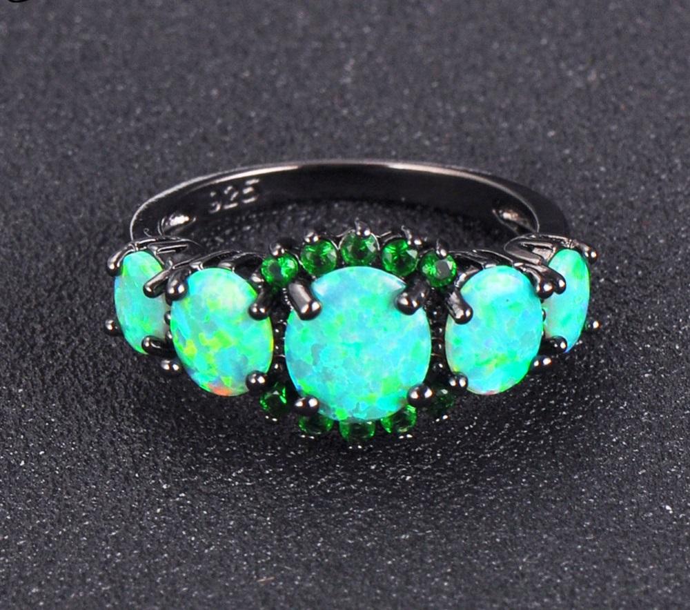 Green Fire Opal Black Gold Ring - Floral Fawna