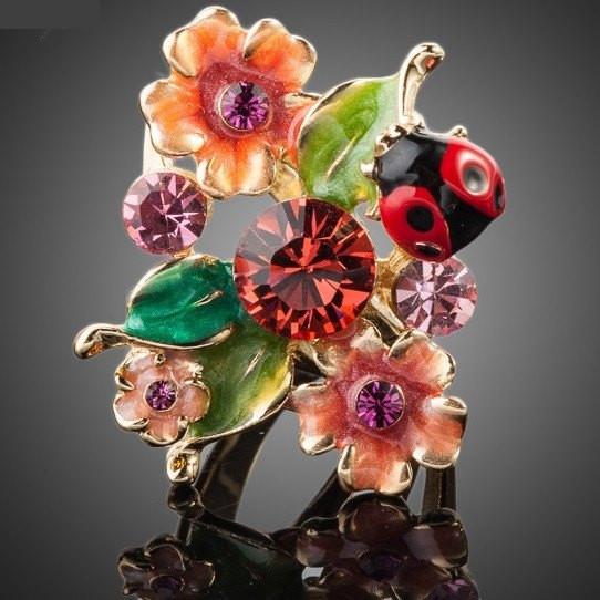 Ladybug &amp; Flowers Crystal Ring - Floral Fawna