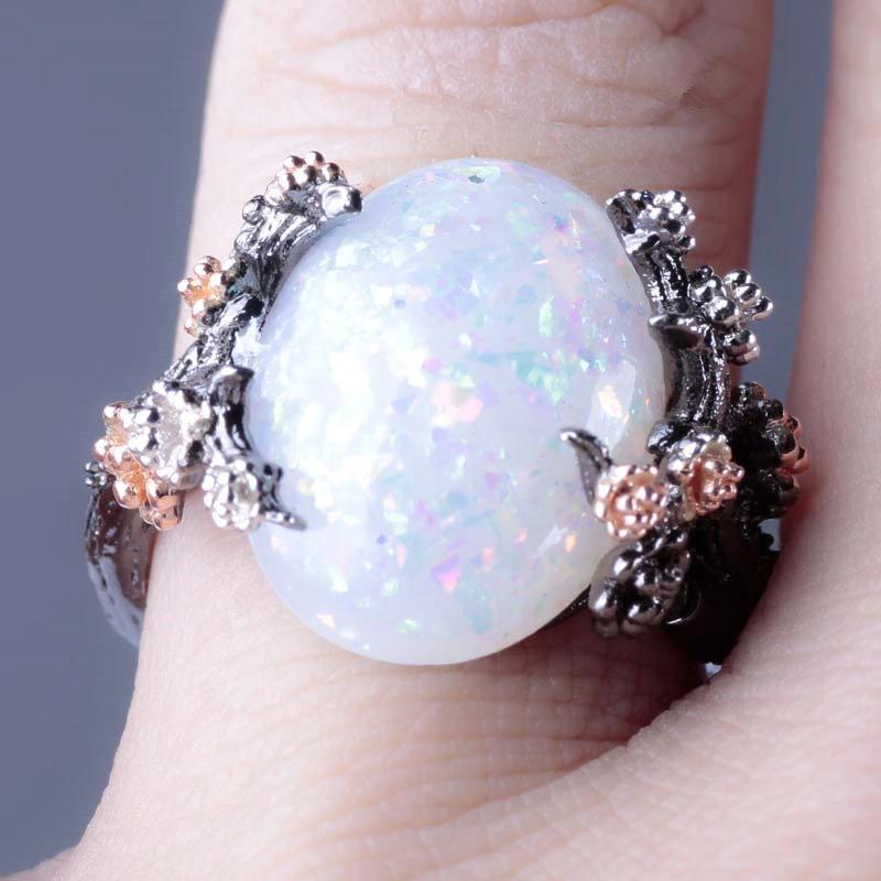 Mystical Tree Opal Black Gold Ring - Floral Fawna