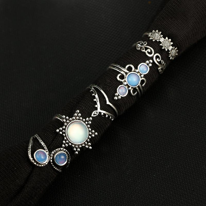 Natural Opal Stone &amp; Moonstone Ring Set - Floral Fawna