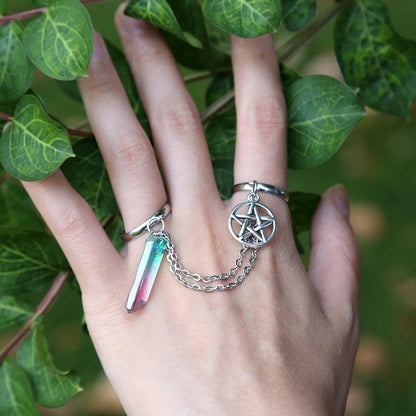 Quartz Crystal Pentagram Chain Ring - Floral Fawna