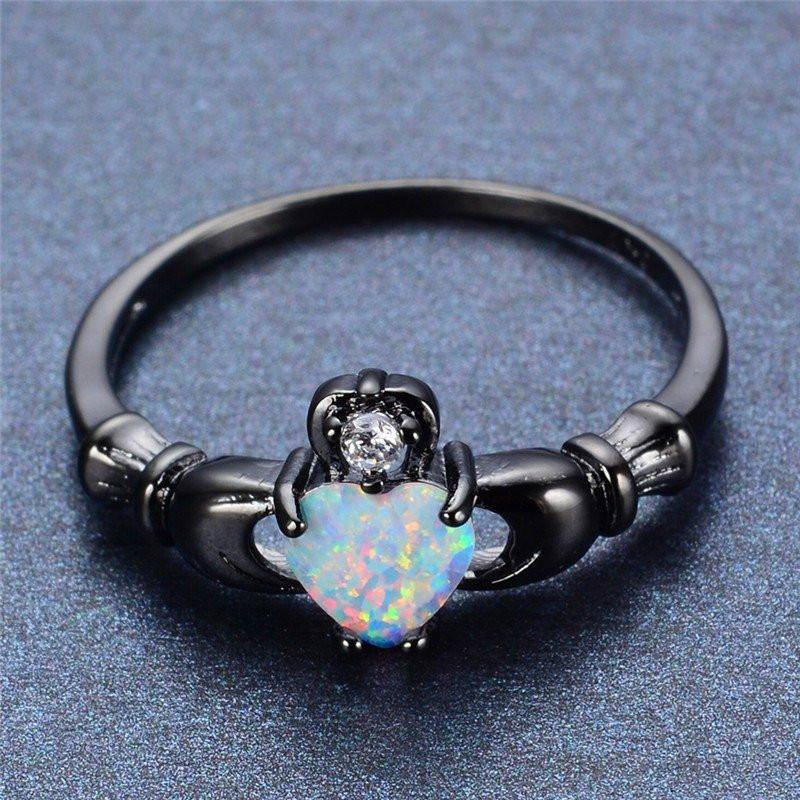 Rainbow Opal Heart Black Gold Claddagh Ring - Floral Fawna