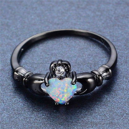 Rainbow Opal Heart Black Gold Claddagh Ring - Floral Fawna