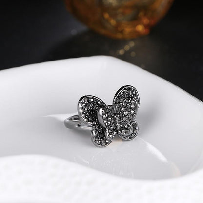 The Black Butterfly Crystal Ring - Floral Fawna