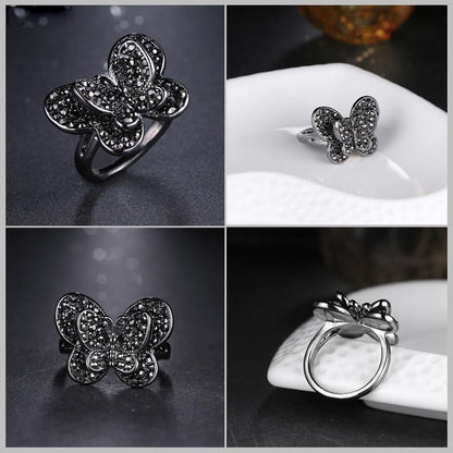 The Black Butterfly Crystal Ring - Floral Fawna