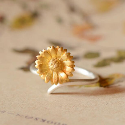 Yellow Sunflower Sterling Silver Wrap Ring - Floral Fawna